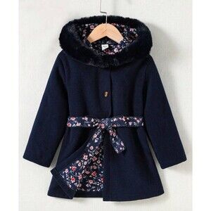 Adorable Girls' Coat with belt navy blue floral print lining size 5T hooded coat